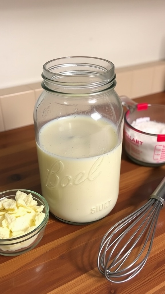 Bubbly potato flake sourdough starter in a jar on wooden countertop with ingredients around.